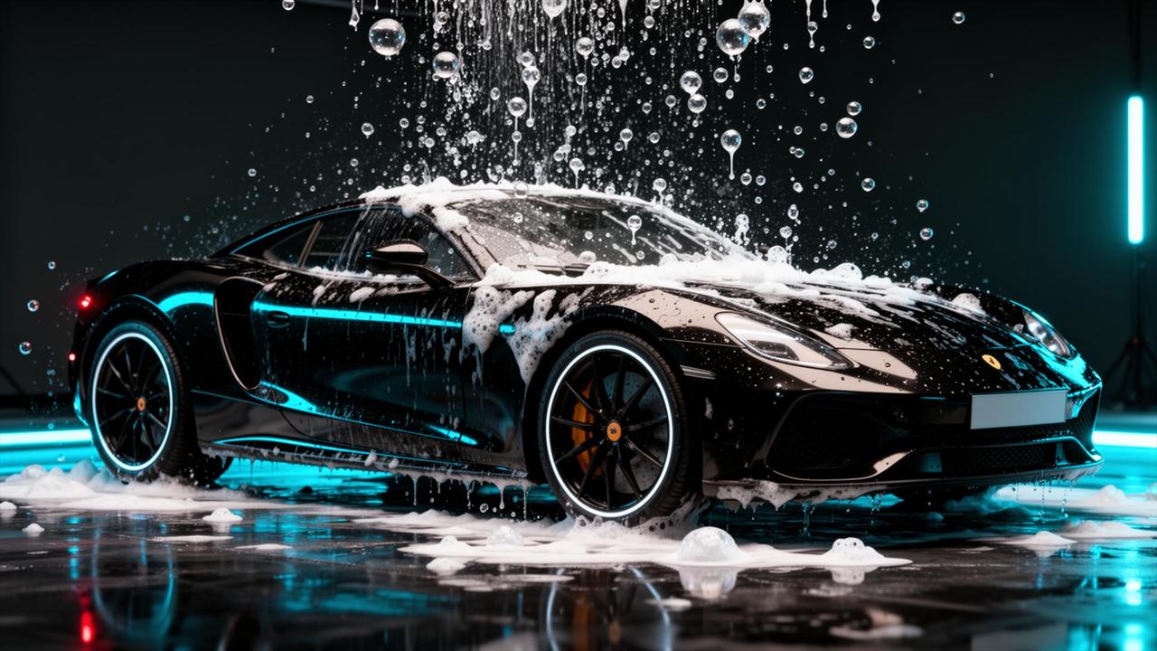Black performance car covered in foam during a premium hand wash